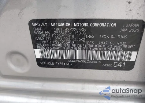 2020 Mitsubishi Outlander Le 2.4/Se 2.4/Sel 2.4/Sp 2.4 из США, поврежденный, VIN JA4AD3A39LZ034015